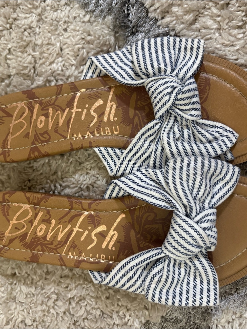 Blowfish Striped Bow Tan Slide Sandals
